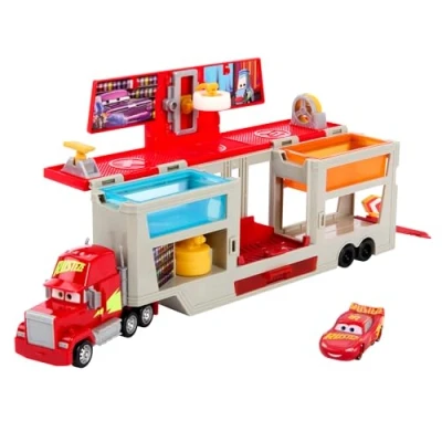 Bild av Mattel Disney och Pixar Bilar, omvandlingsbart lekset med långtradare leksaksbil, Mack som mobil lackeringsverkstad färgförändringsfunktion, Blixten McQueen färgförändringsfunktion HPD82