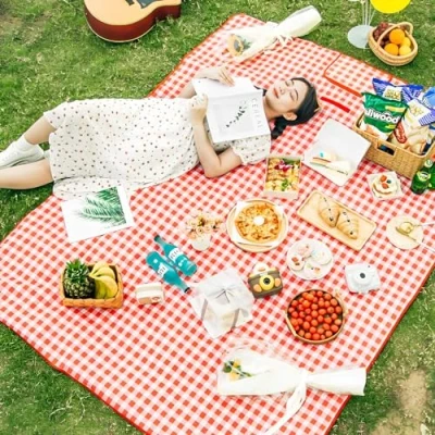 Bild av TFSZE picknickfilt 300 cm x 200 cm, hopfällbar strandmatta, bärbar med handtag, tvättbar picknickmatta röd pläd, lämplig för vandring resor camping parker