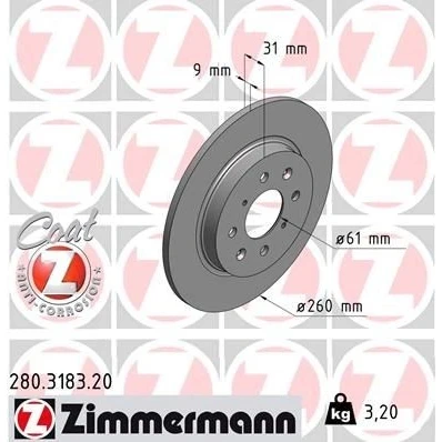 Bild av ZIMMERMANN COAT Z 280.3183.20 Disque de frein 260 9 8/4 4 100 plein revêtu HONDA: Jazz 3, Insight II 5 portes