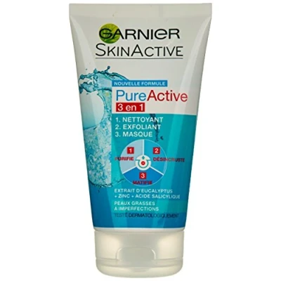 Bild av GARNIER Pure Active 3 i 1 Clay Cleaner rengöringsmedel, exfolierande och mask anti fläckar märken niacinamid lera vegansk grym fri blandad till fet hud 150 ml