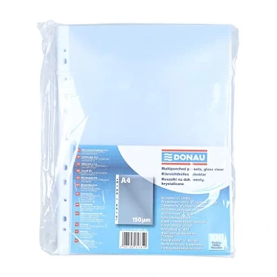 Bild av DONAU Broschyrfickor superstarka/100 stycken/DIN A4/glasklar ovansida öppna genomskinliga fickor perforerat plastfodral för dokument papper filer mapp/PP/transparent 150 mikron