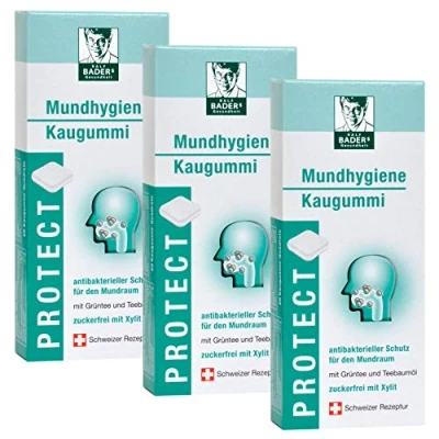 Bild av Ralf BADERs Gesundheit PROTECT Munhygien Tuggummi från apoteket, antibakteriellt skydd för munhålan med Tea Tree olja, grönt te och Xylitol, 3 x 20 kvadrater, 111g Gesundheit, Vit, stycken (förpackning om 3)