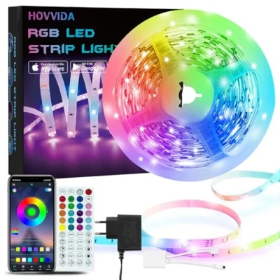 Bild av HOVVIDA LED remsa 5 m, 30 lysdioder/meter, 24 V RGB remsor, 150 LED, app och fjärrkontroll, musiksynkronisering, timing läge, för rum, sovrum, lekrum, fest, festival [energiklass A]