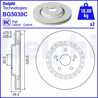 Bild av 2x DELPHI Bromsskiva TOYOTA: RAV4 V, Camry VIII Sedan, LEXUS: ES VII 328mm 28mm 5 ventilerad BG5030C Bromsskivor