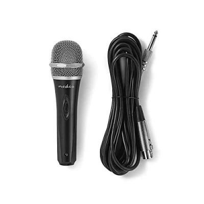 Bild av NEDIS Kabelansluten mikrofon cardioid avtagbar kabel 5,00 m 50 Hz 15 kHz 600 ohm 72 dB På/av knapp resefodral ingår metall grå/svart