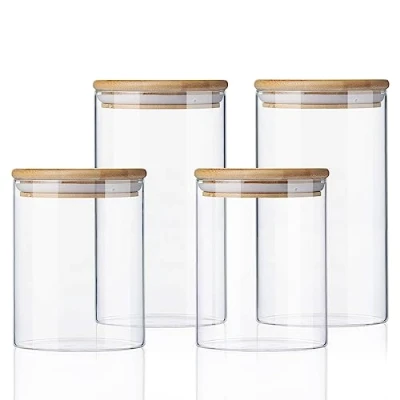 Bild av förvaringsburkar med lock, set om 4 800/1 200 ml av glas bambulock, kök lufttäta kryddburkar, tillverkade förstärkt borosilikatglas glasbehållarset