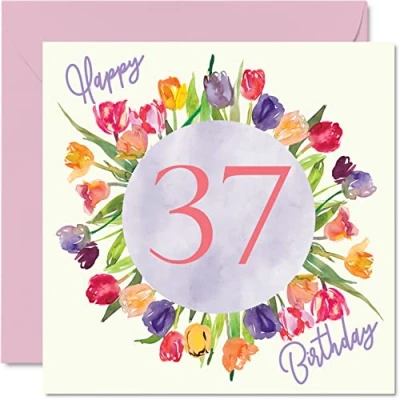 Bild av Vackra 37 års födelsedagskort för kvinnor akvarell tulpaner blommor bukett grattis på hennes dotter moster syster vän födelsedagspresenter, 145 mm x härliga blommiga gratulationskort present