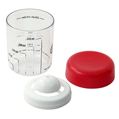 Bild av Dr. Oetker Mix och mätkopp med äggavskiljare Ø 8 cm, 3 st. Mugg för mätning blandning av ingredienser, funktionell del att separera äggula vit, (färg: transparent/röd), kvantitet: 1 st