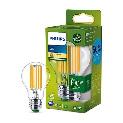 Bild av Philips LED Ultra Efficient, Extremt energisnål klassisk ljuskälla, 100W, A60, E27, 2700 kelvin, klart glas, 50.000 timmar livslängd