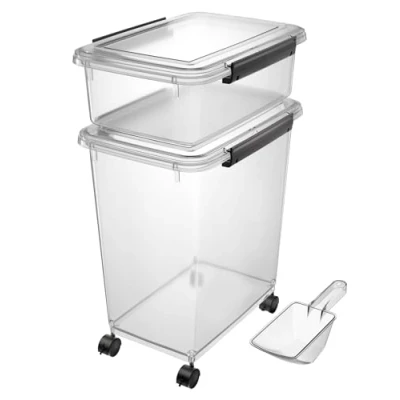 Bild av Cetomo Hundfoderbehållare, lufttät foderbehållare med hjul, silikontätning och snäppförslutningar, plastfoderbehållare lock för hundar, klar, 10 l 32 l, 3,5 kg + 12 (1 spade)