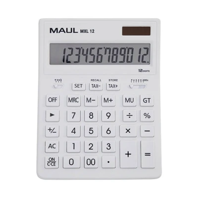 Bild av Maul Köpmansk Miniräknare Mxl12, 12 Siffror, inkl. Skatt, Vinklad Display, Stor Professionell Bordsräknare, Soldriven, inklusive Batteri, 20,5 x 15,5 cm, Vit