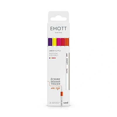 Bild av Uni ball Emott Mitsubishi Pencil 5 filtpennor passionsfärger för att skriva, rita, rita med stil! Fin spets 0,4 mm röd, fuchsia, rosa, citrongul, mörkorange