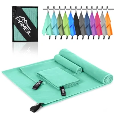 Bild av Pameil Mikrofiberhandduk set om 3 (160 x 80 cm stor badhandduk 2 stycken 40 liten handduk), resehandduk snabbtorkande mikrofiberhanddukar för fitness bastu (mintgrön)