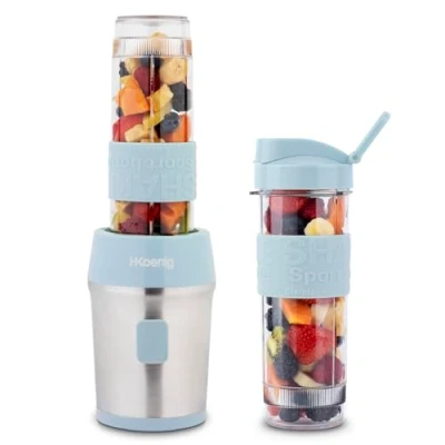 Bild av H.Koenig Mini Blender Portable 570ml Bleu Pastel 4 Lames Inox 2 Bouteilles avec Bouchons de Voyage Inclus