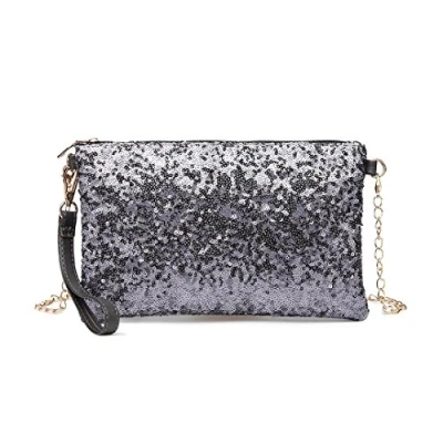 Bild av Miss Lulu damer mode paljetter väska mini clutch små kedjeväska axelväska för bröllop, dejter och olika tillfällen, Mörkgrå