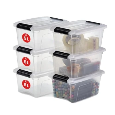 Bild av Iris Ohyama, PlastFörvaringsLådor med lock och stängningsklämmor, 5L, Set 6, Integrerade handtag, Staplingsbar, BPA fri, Sovrum, Kontor, Vardagsrum, NTB 5, Klar
