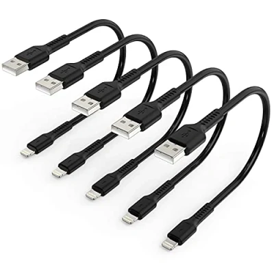 Bild av 0,3 m iPhone laddningskabel, kort, 5 pack USB A till Lightning kabel, 30 cm original iPhone, snabbladdningskabel, kompatibel med Apple 12 11 Pro Max Xs Xr X 8 7 6 Plus SE iPad Air/Mini (vit)