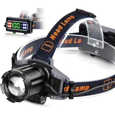 Bild av MIAOKE uppladdningsbar LED pannlampa, front 10 0000 lumen superljus IPX5 vattentät 4 lägen med strömindikator och varningsljus för utomhuslöpning camping