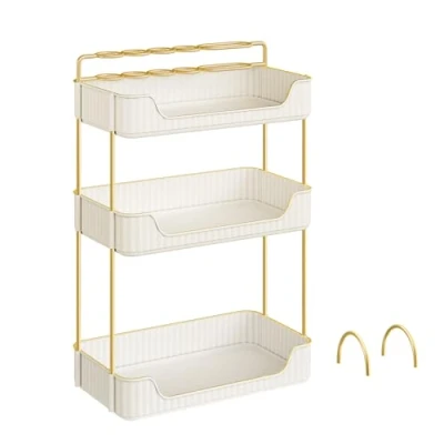 Bild av SONGMICS Makeup Organizer, sminkförvaring, 2 valfria tillbehör, 3 våningar, rektangulär, separerbar, smyckeshållare, för sminkbord, molnvit JKA013W02