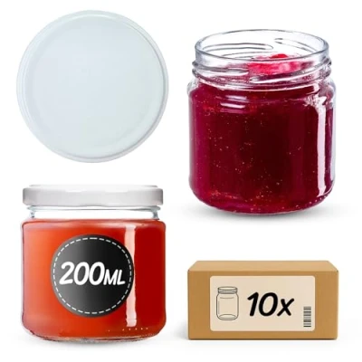 Bild av Kadax små glasburkar 200 ml, syltburkar, fi66 mm, miniglas för honung och kryddor, lufttäta burkar, konserveringsglas, runda glas (10 stycken, vit)