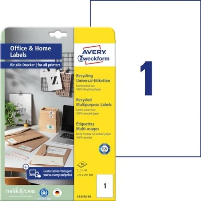Bild av AVERY Zweckform LR3478 10 återvinningsetiketter (10 adressklistermärken, 210 x 297 mm på A4, 100% återvunnet avfall papper, tryckbara fraktetiketter, DHL) ark, naturvit