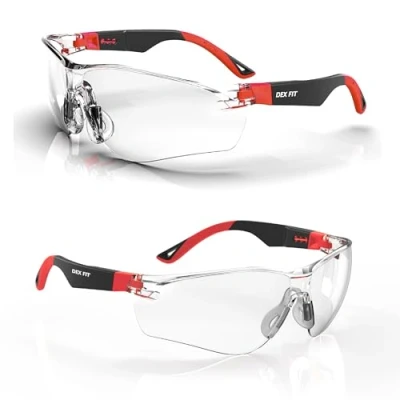 Bild av DEX FIT Skyddsglasögon arbetsskyddsglasögon SG210, Z87 ögonskydd, skyddsglasögon, im och reptåliga, justerbara för kvinnor män, UV glasögon (svart röd ram, klara linser)