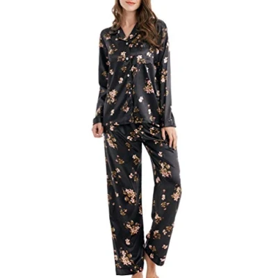 Bild av Pyjamasset för kvinnor satin långa nattkläder myskläder, Svarta blommor, XL