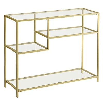 Bild av VASAGLE konsolbord, hallbord, sidobord, härdat glas, metallram, med hyllor, 35 x 100 80 cm, modernt, för hall, vardagsrum, guldfärg LGT022A61