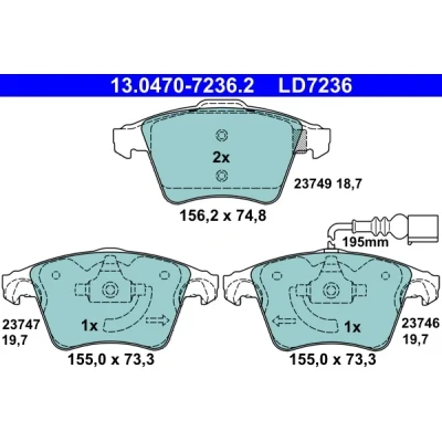 Bild av ATE 13.0470 7236.2 Jeu de plaquettes frein contact signal d&#039;usure inclus VOLKSWAGEN: Transporter 5, 6, 5 Bus