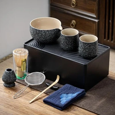 Bild av TEANAGOO Matchatekit + 2 koppar med förvaringsbox, 12 delat rese matcha teset, keramisk matchateskål (532 ml), matchatekopp (213 bambuvisp, sikt, WS1, stenkolgrå, bästa matchate gåvan