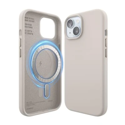 Bild av elago Magnetiskt silikonfodral kompatibelt med iPhone 15, MagSafe tillbehör, inbyggda magneter, premiumsilikon, komplett skydd, 5 lagers struktur (beige)