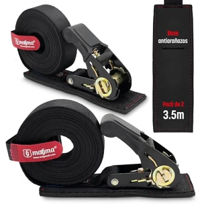 Bild av MAGMA Pack of 2 Ratchet Tie Down Straps with Anti Scratch Protection, 3,5 m, Spänning, Lastbil, motorcykel, släpvagn, slipsar, svart