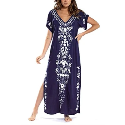 Bild av YouKD sommar bomull broderad blommig lös kaftan boho strand bikini övertäckningsklänning storstorlek morgonrock för kvinnor, Mörkblått, en storlek