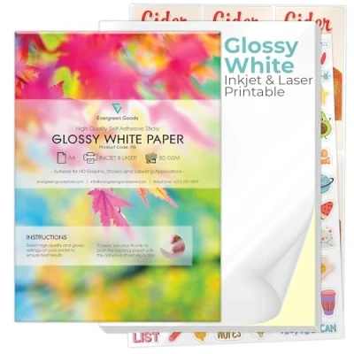 Bild av Evergreen Goods 100 ark A4 glansigt klistermärke papper vitt självhäftande, bläckstråleskrivare/lasertryckbart papper, gör det själv klistermärken, konst och hantverk, plotter kompatibel, stark