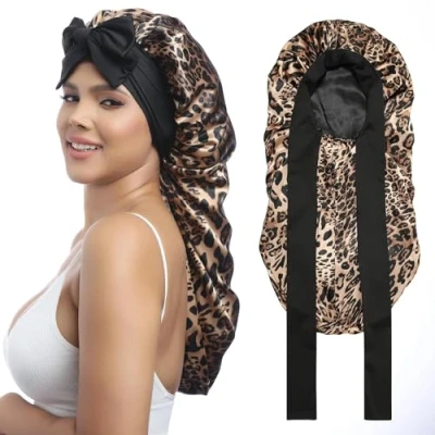 Bild av Coubeau Kvinnor Sömn Siden Satin Lång Headset Nattmössa Lockigt Hår Silk Hårmössa, Leopard, one size