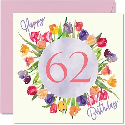Bild av Vackra 62:a födelsedagskort för kvinnor akvarell tulpaner blommor bukett grattis på hennes mormor mamma födelsedagspresenter, 145 mm x härliga blommiga gratulationskort present