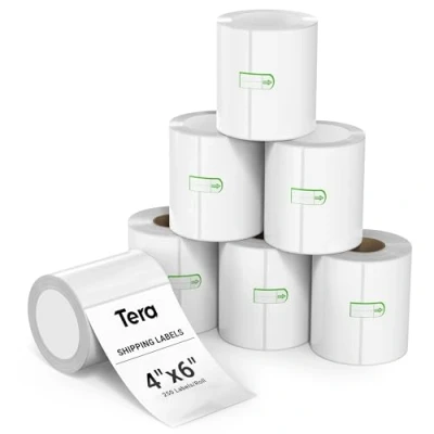Bild av Tera Termiska fraktetiketter 100 mm x 150 (250 etiketter/rulle, 6 rullar) för olika skrivare, glada, BPA fria, självhäftande adressetiketter