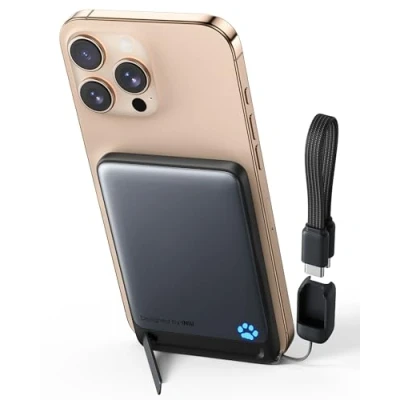 Bild av INIU Ultratunn 5000mAh Magnetiskt Powerbank, Qi2 certifierad 15W Trådlös Snabbladdning, 20W PD USB C in&amp;ut Externt Batteri för MagSafe, Bärbar Laddare med Stativ, kompatibelt iPhone 16 15 14 13 12