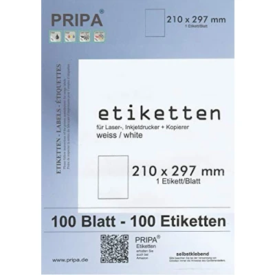 Bild av pripa 100 etiketter A4 210 x 297 helt självhäftande vit allroundkvalitet ... (100)