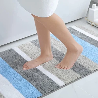 Bild av Homaxy Halkfri badmatta, mjuk mikrofiber randig badrumsmatta, absorberande badmatta med lång lugg, maskintvättbar 60 x 120 cm, blå/grå