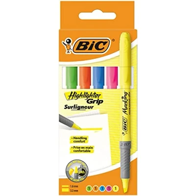 Bild av BIC överstrykningspennor, ribbat gummigrepp för extra komfort, vattenbaserat bläck, blandade färger, 5 pack