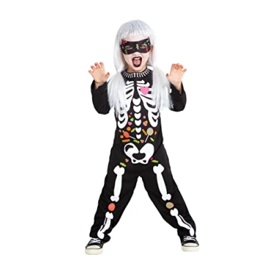 Bild av Rubies Candy Skelettkostym för pojkar och flickor, jumpsuit med detaljer ögonmask, original halloween, karneval födelsedag, S8673 S