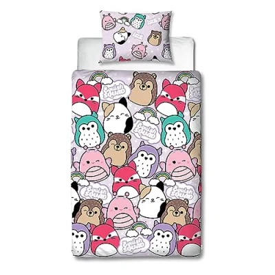 Bild av Character World Squishmallows officiell polyester enkelt påslakanset med ljus design vändbart 2 sidigt squish Squad sängkläder överdrag officiella varor inklusive matchande kuddfodral, flerfärgad
