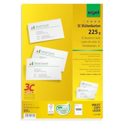 Bild av SIGEL LP797 utskrivbara visitkort 3C, 1 000 stycken (100 ark), högvit, slätt snitt runt, 225 g, 85 x 55 mm