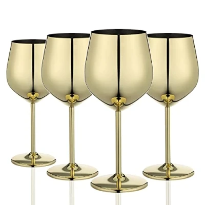 Bild av WOTOR Guld vinglas set om 4, 540 ml rostfritt stål okrossbart, hållbart, lämpligt för utomhusbruk, resor, camping, simbassänger