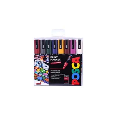 Bild av POSCA PC 5M vattenbaserade permanenta färgpennor. Premium medium spets för konst och hantverk. Användning med flera ytor på trä, metall, papper, kartong, glas, tyg, keramik sten. Set 8 djupa