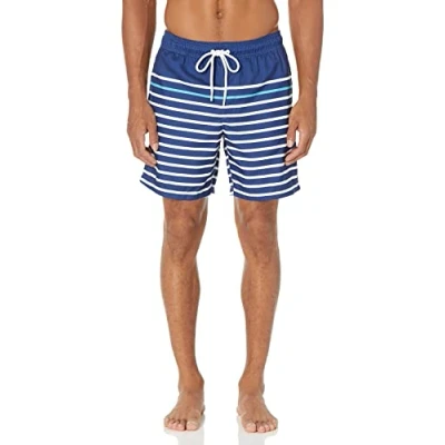 Bild av Amazon Essentials Men&#039;s Snabbtorkande badtröja 18 cm (7 tum), Mörkblå Rand, S