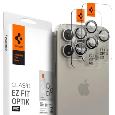 Bild av Spigen Glas.tR EZ Fit Optik Pro Kamera Skärmskydd kompatibel med iPhone 15 Pro, Max, 2 Stycken, naturligt titan, Inget fel på blixtfunktionen, 9H härdat Glas