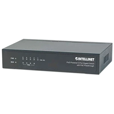 Bild av Intellinet 5 portars PoE omkopplare med 4 Gigabit portar och 1 x ingång, utgång, 68 W strömbudget via AC ström 60 26 PD, 3 års Mfg garanti