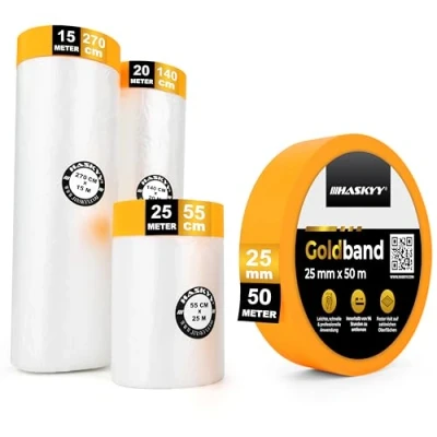 Bild av HASKYY 60 m täckfilm med tejp, 55 cm + 140 270 guldband, 25 mm x 50 82 QM måleritejp, set om 4, perfekt för inomhus, självhäftande lackeringsfolie tejp UV skydd